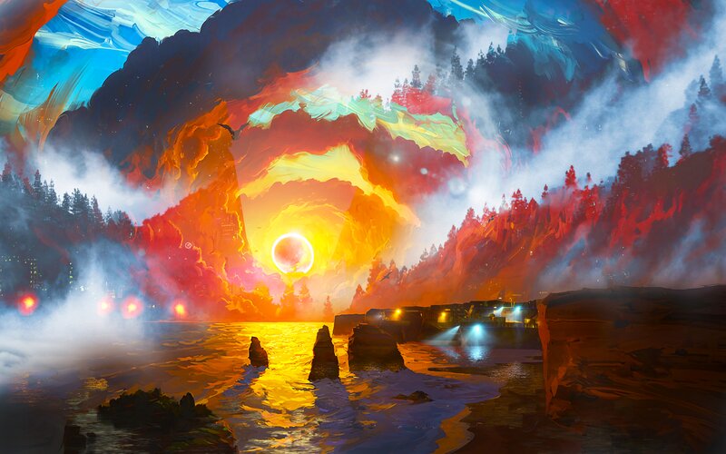 Sunset over Rocky Coast — Orange, Dramatic, Digital Art, Sun