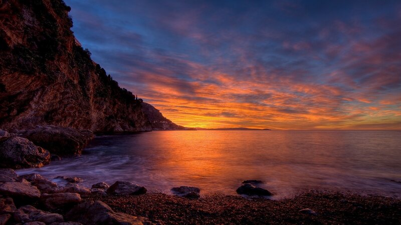 Sunset over Rocky Coast — Orange, Dramatic, Photograph, Cliff
