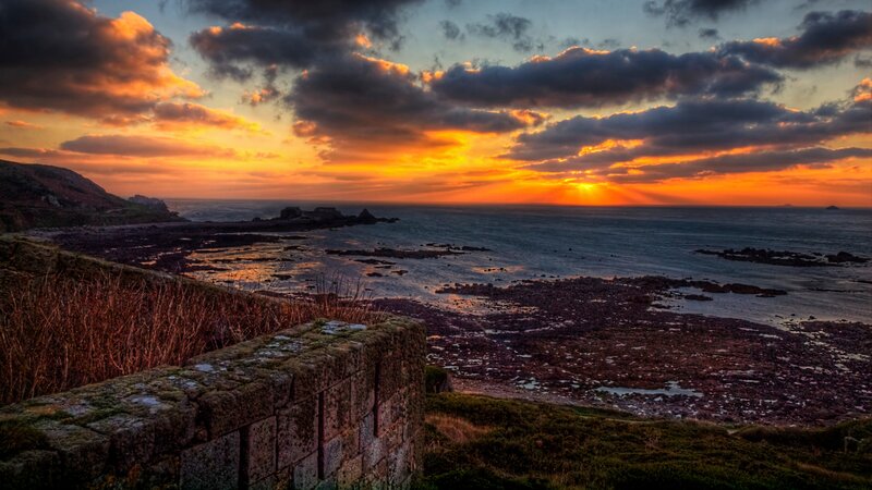 Sunset over Rocky Coast — Orange, Dramatic, Photograph, Clouds, Ocean
