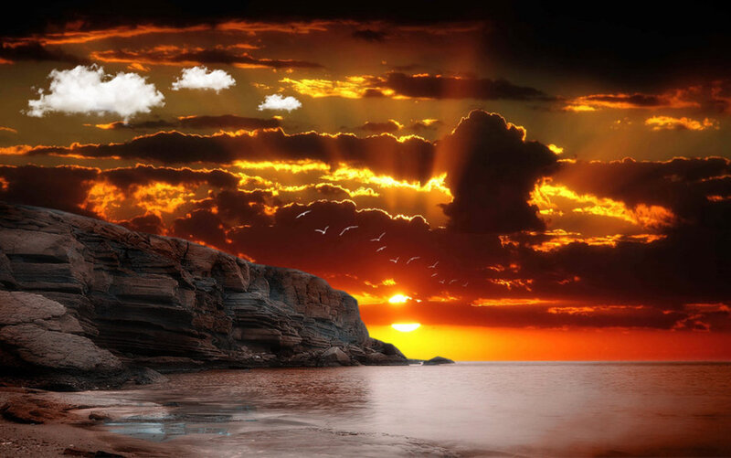 Sunset over Rocky Coast — Orange, Dramatic, Photograph, Clouds