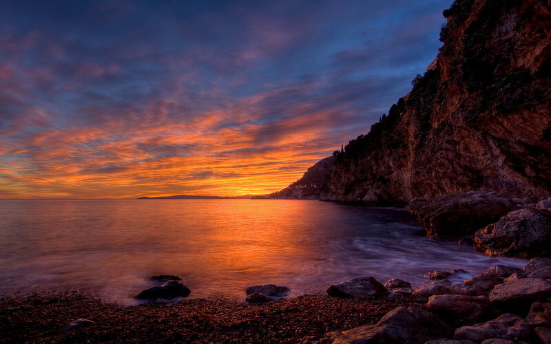 Sunset over Rocky Coast — Orange, Dramatic, Photograph, Ocean, Cliff