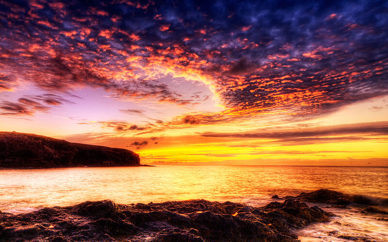 Sunset over Rocky Coast — Orange, Dramatic, Photograph, Ocean