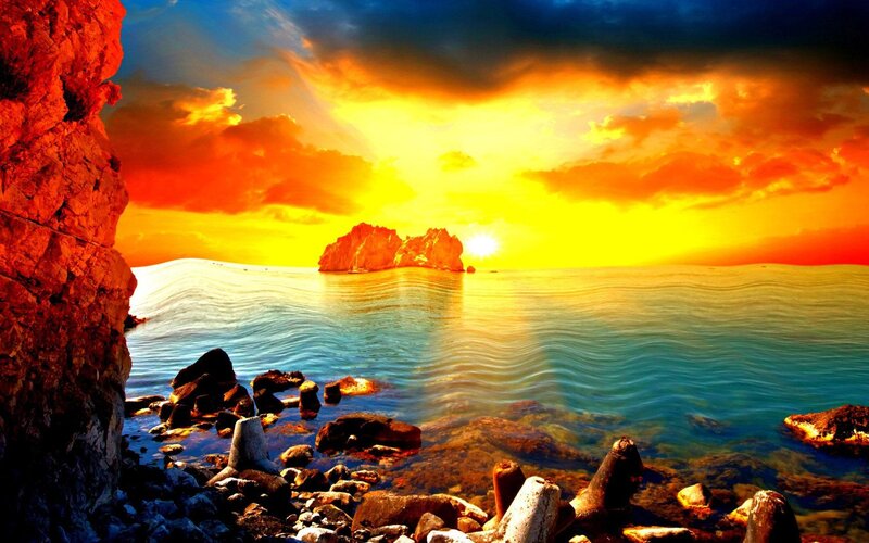 Sunset over Rocky Coast — Orange, Dramatic, Photograph, Sea