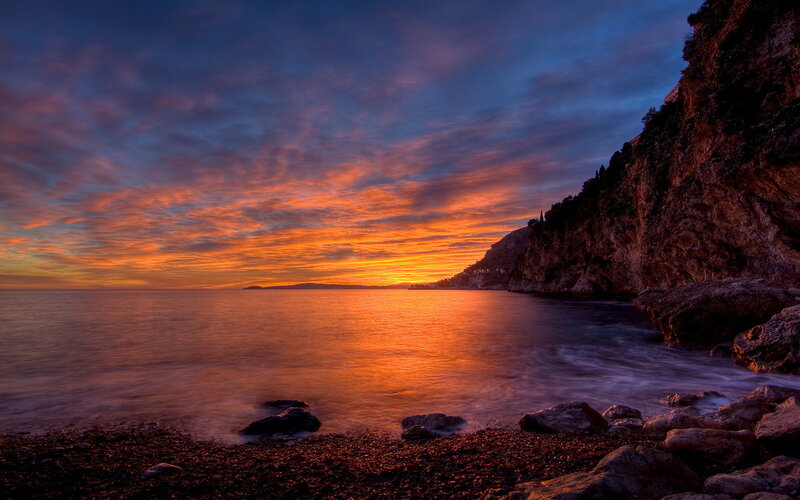Sunset over Rocky Coast — Orange, Dramatic, Photograph, Sky, Sea