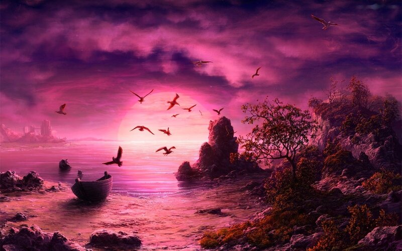 Sunset over Rocky Coast — Purple, Dramatic, Digital Art