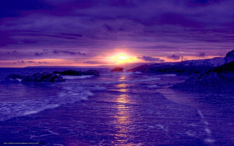 Sunset over Rocky Coast — Purple, Dramatic, Photograph, Ocean, Rocks