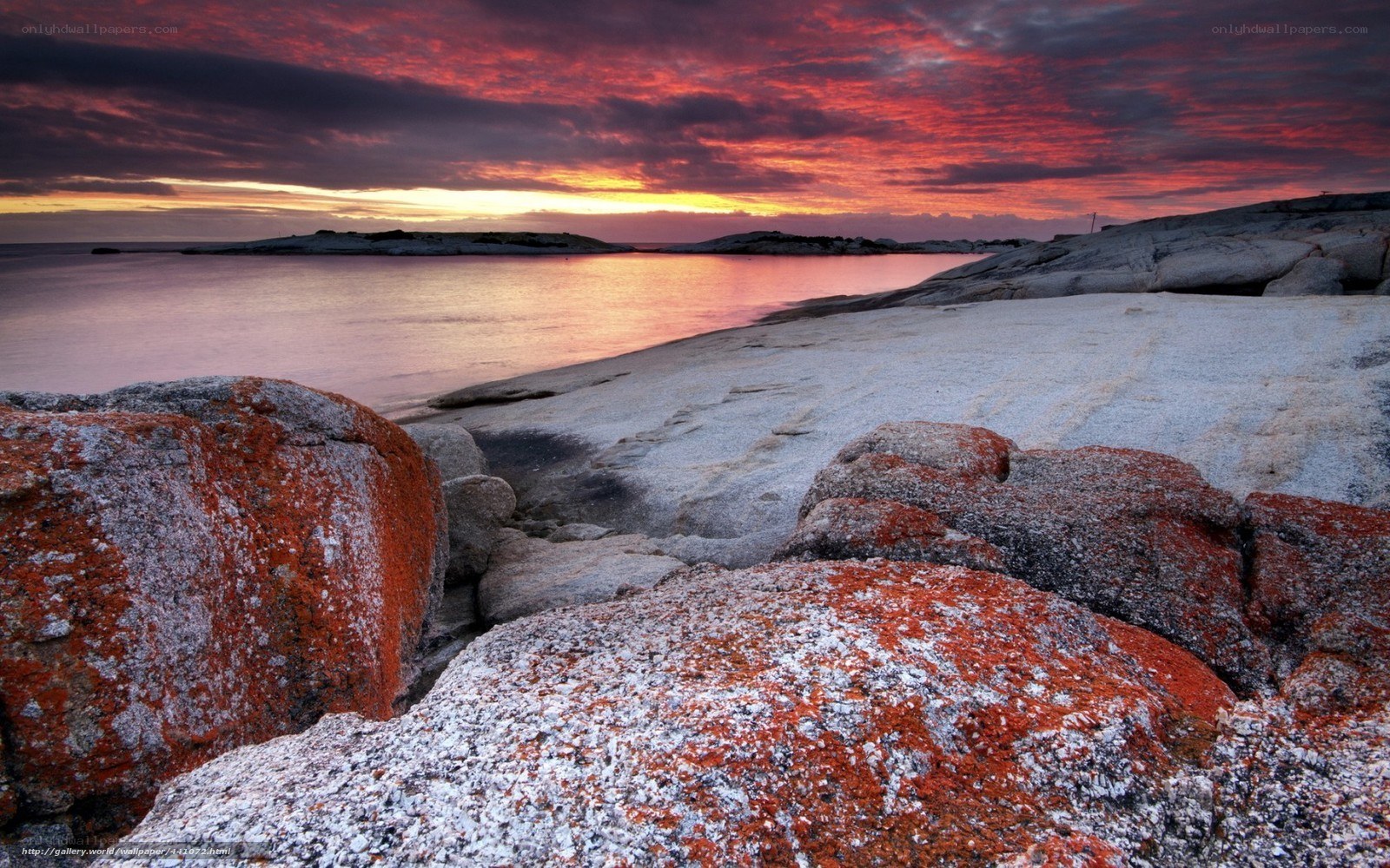 Sunset over rocky coastline