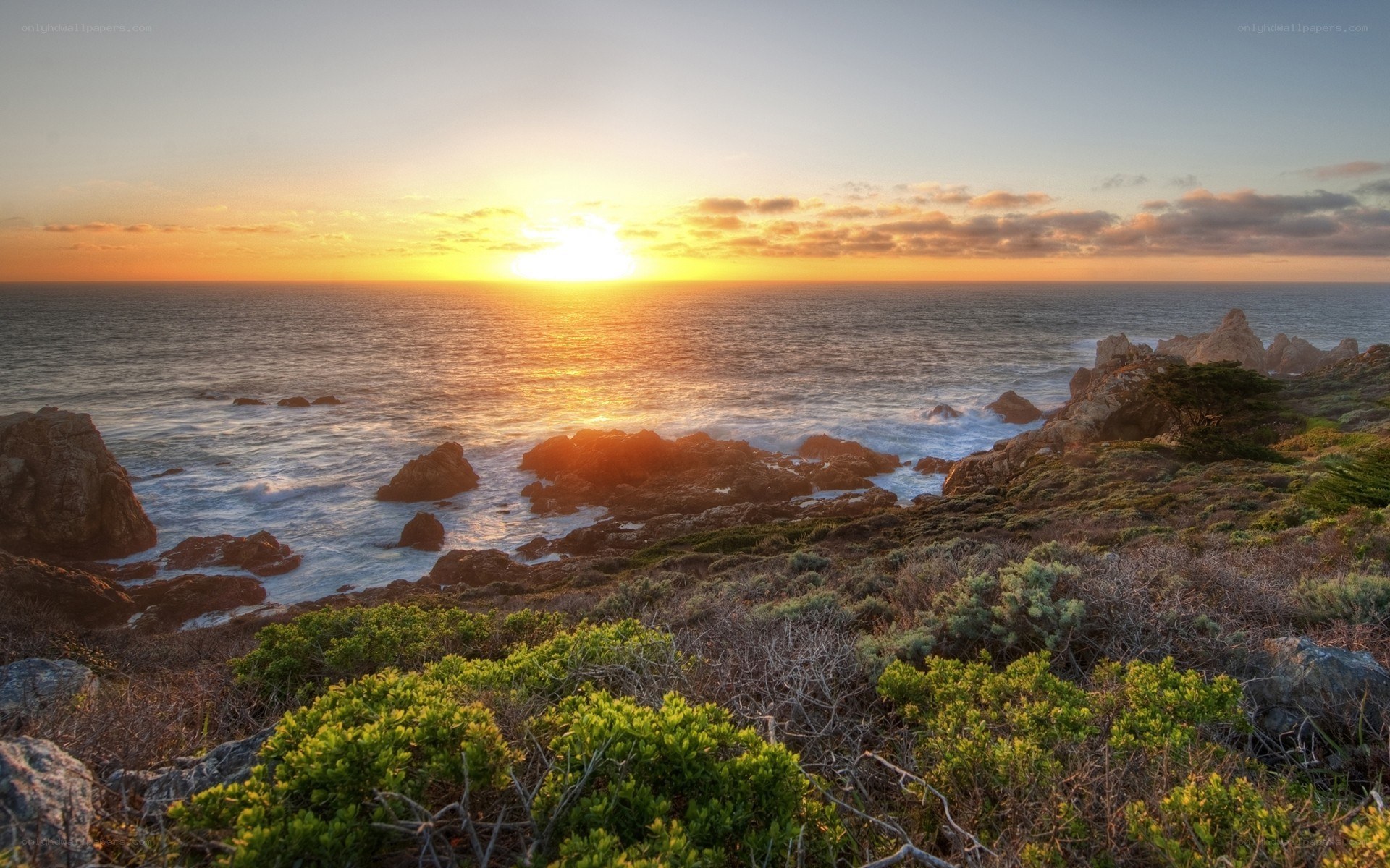 Sunset over rocky coastline