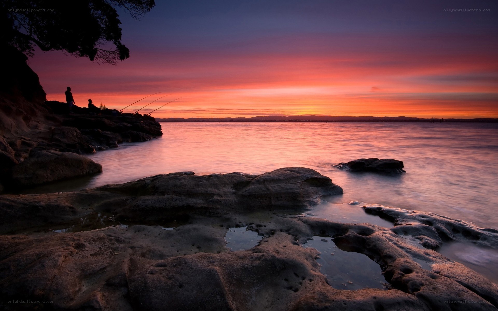 Sunset over rocky coastline