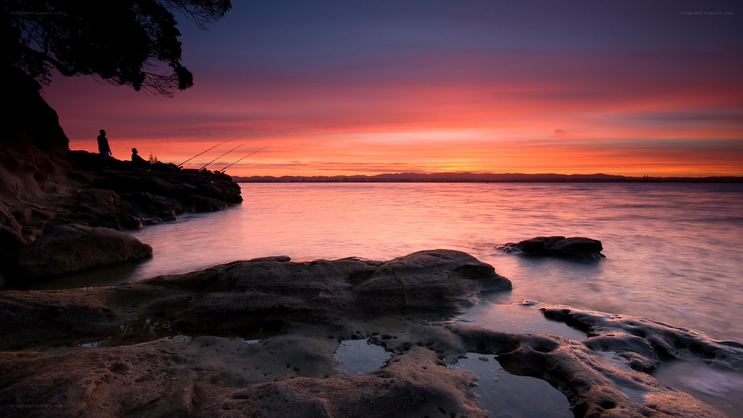 Sunset over rocky coastline