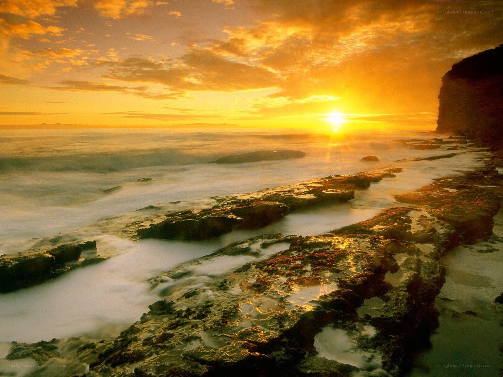 Sunset over rocky coastline