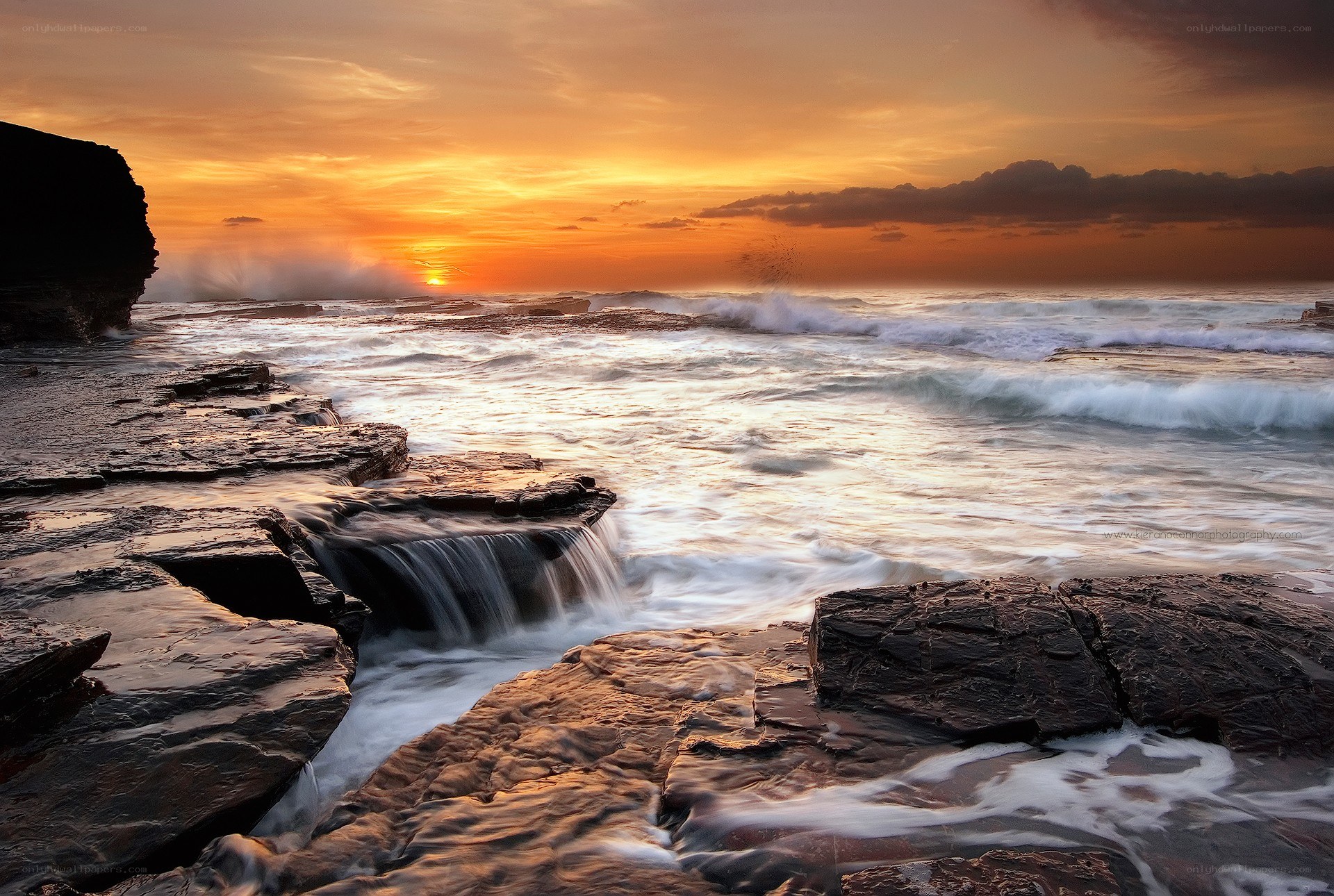 Sunset over rocky coastline