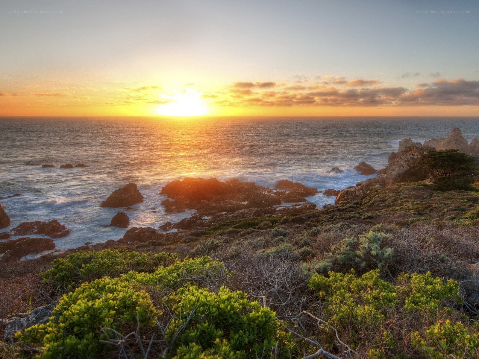 Sunset over rocky coastline