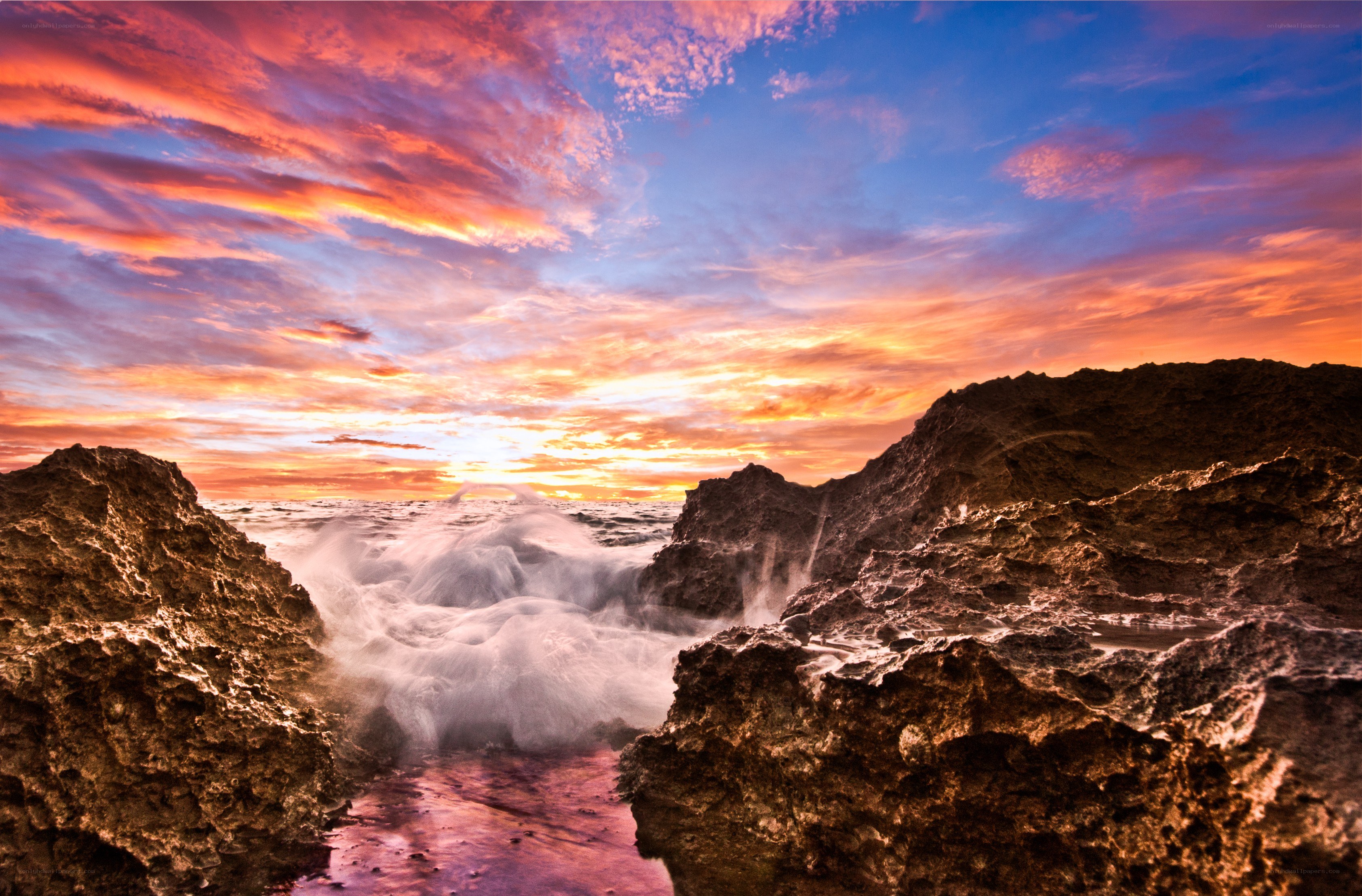 Sunset over rocky coastline