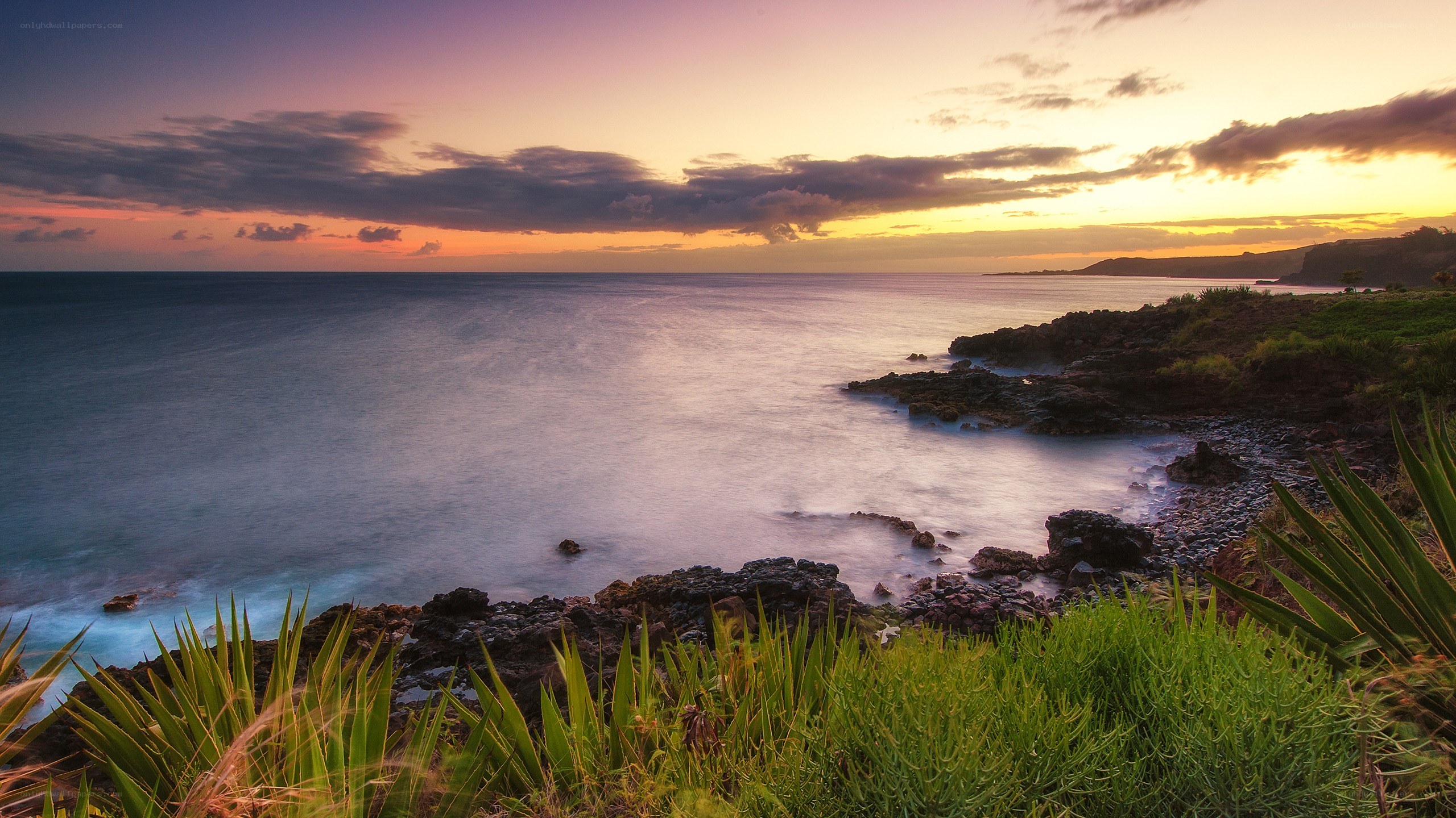 Sunset over rocky coastline