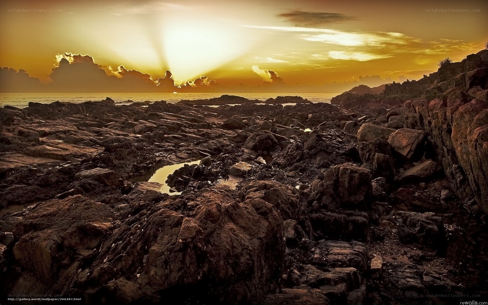 Sunset over rocky coastline