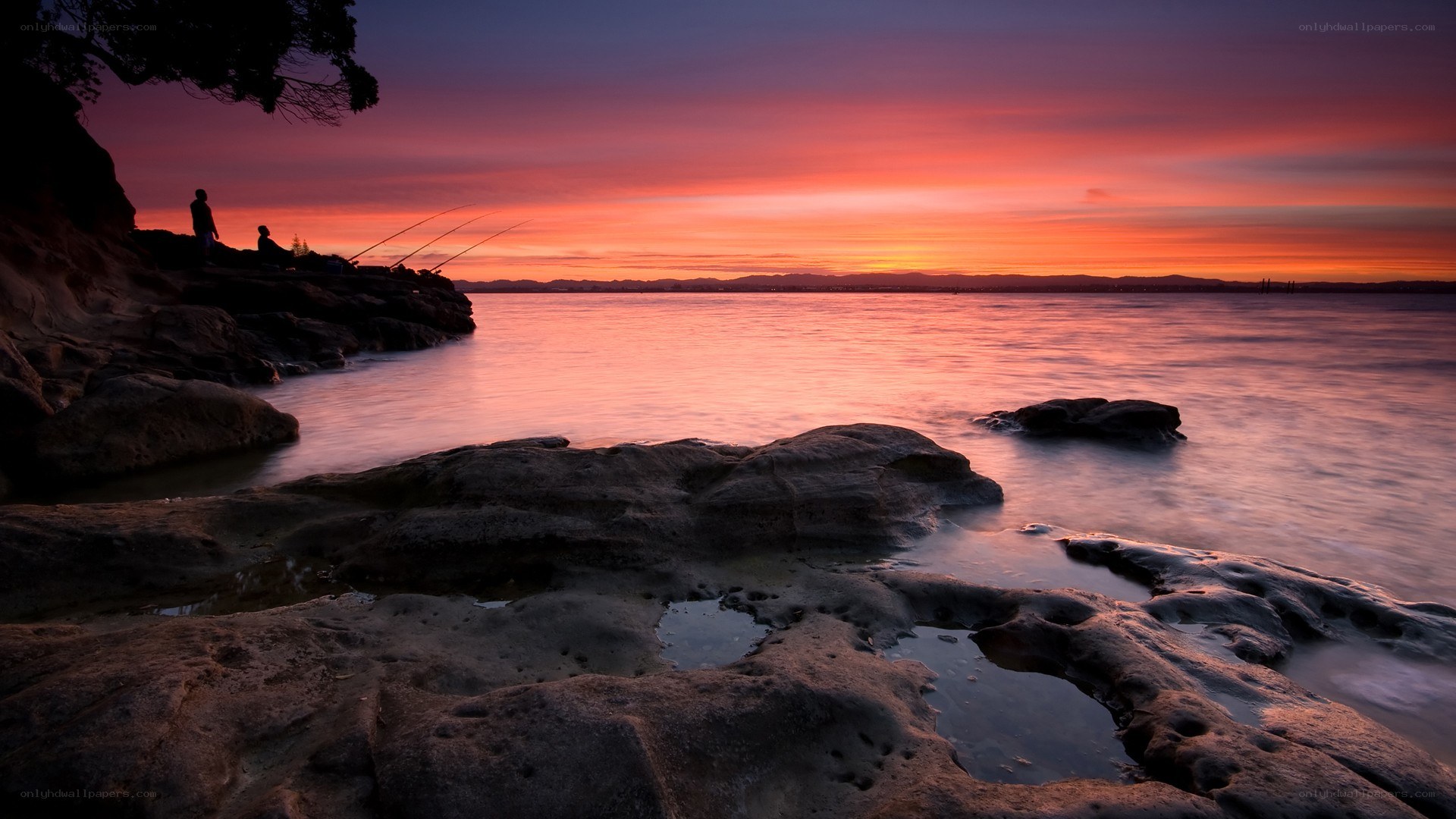 Sunset over rocky coastline