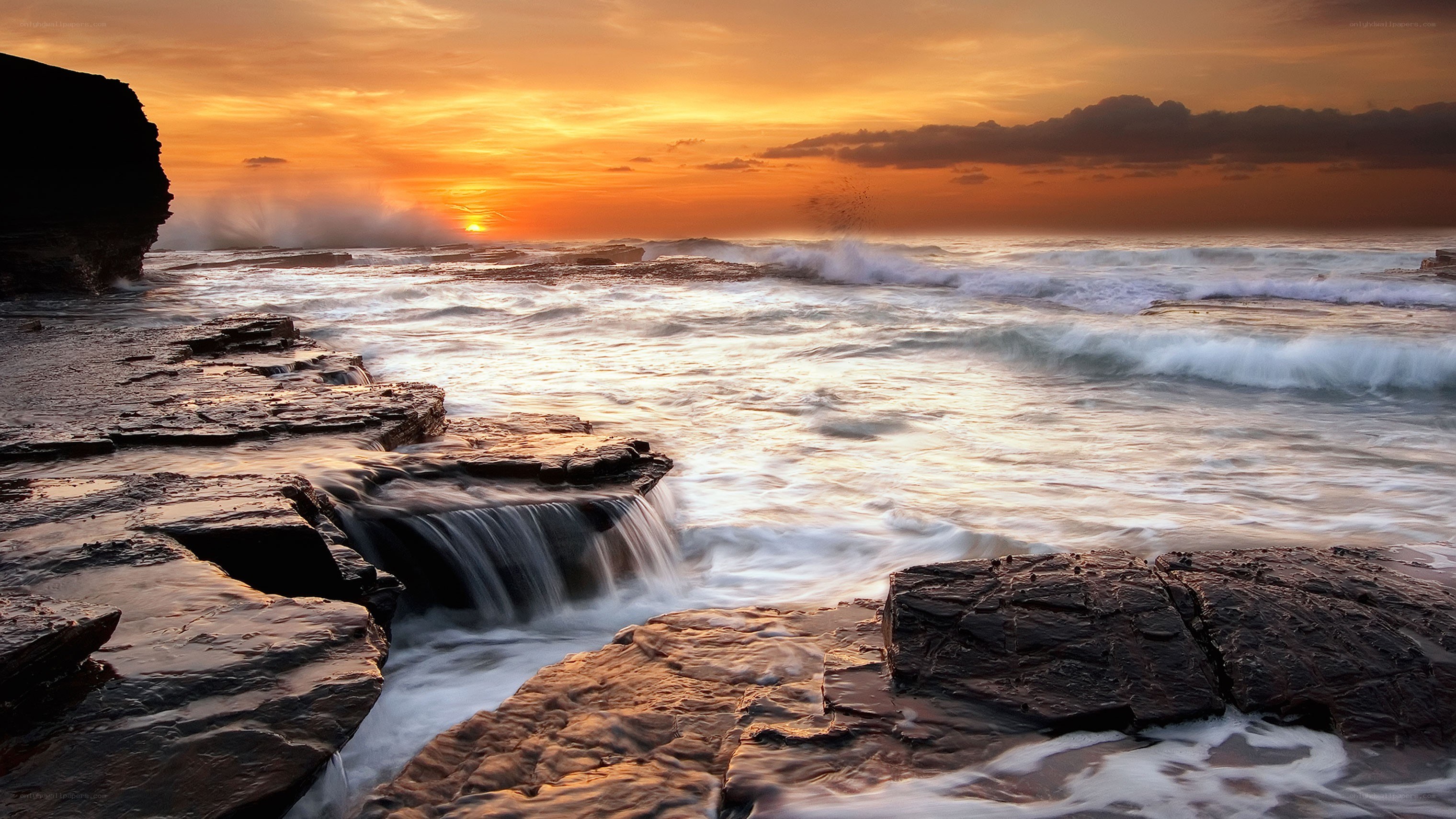 Sunset over rocky coastline