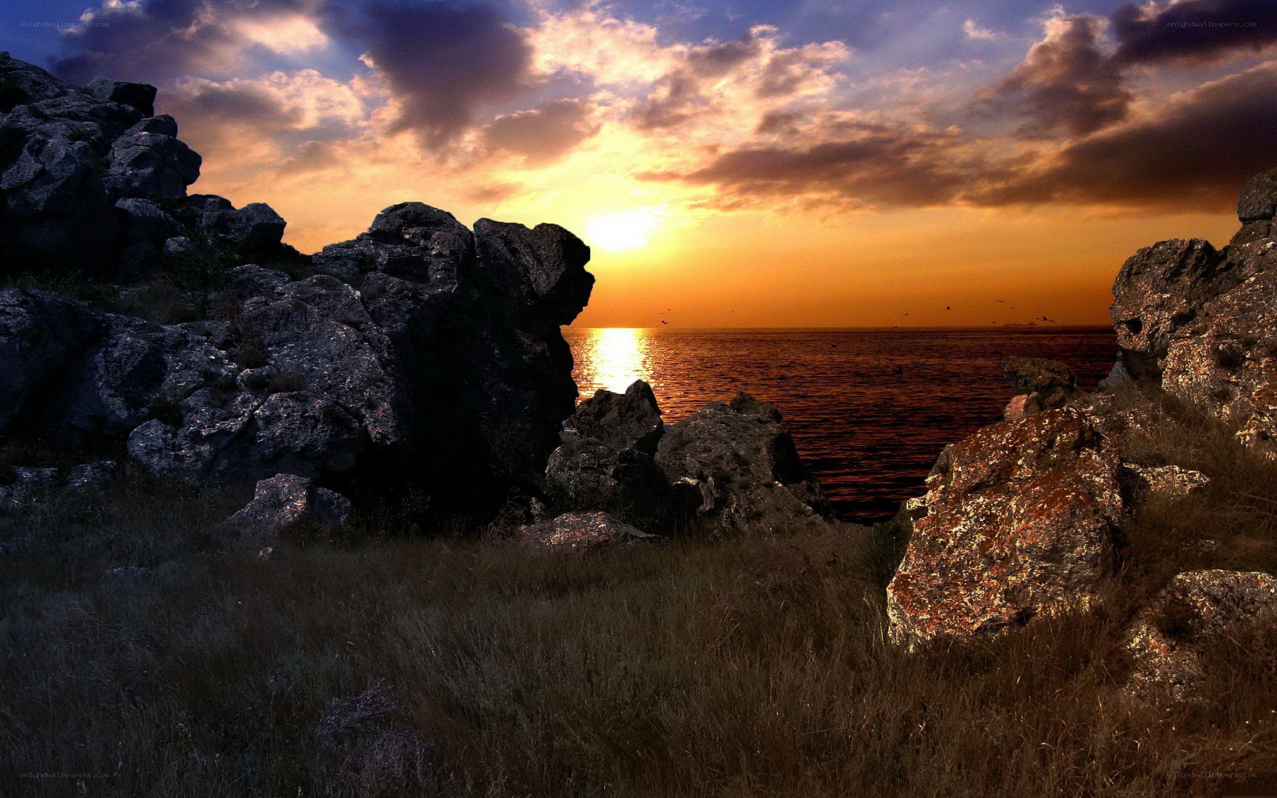 Sunset over rocky coastline