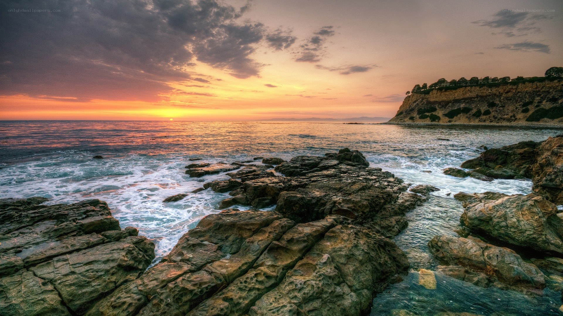 Sunset over rocky coastline