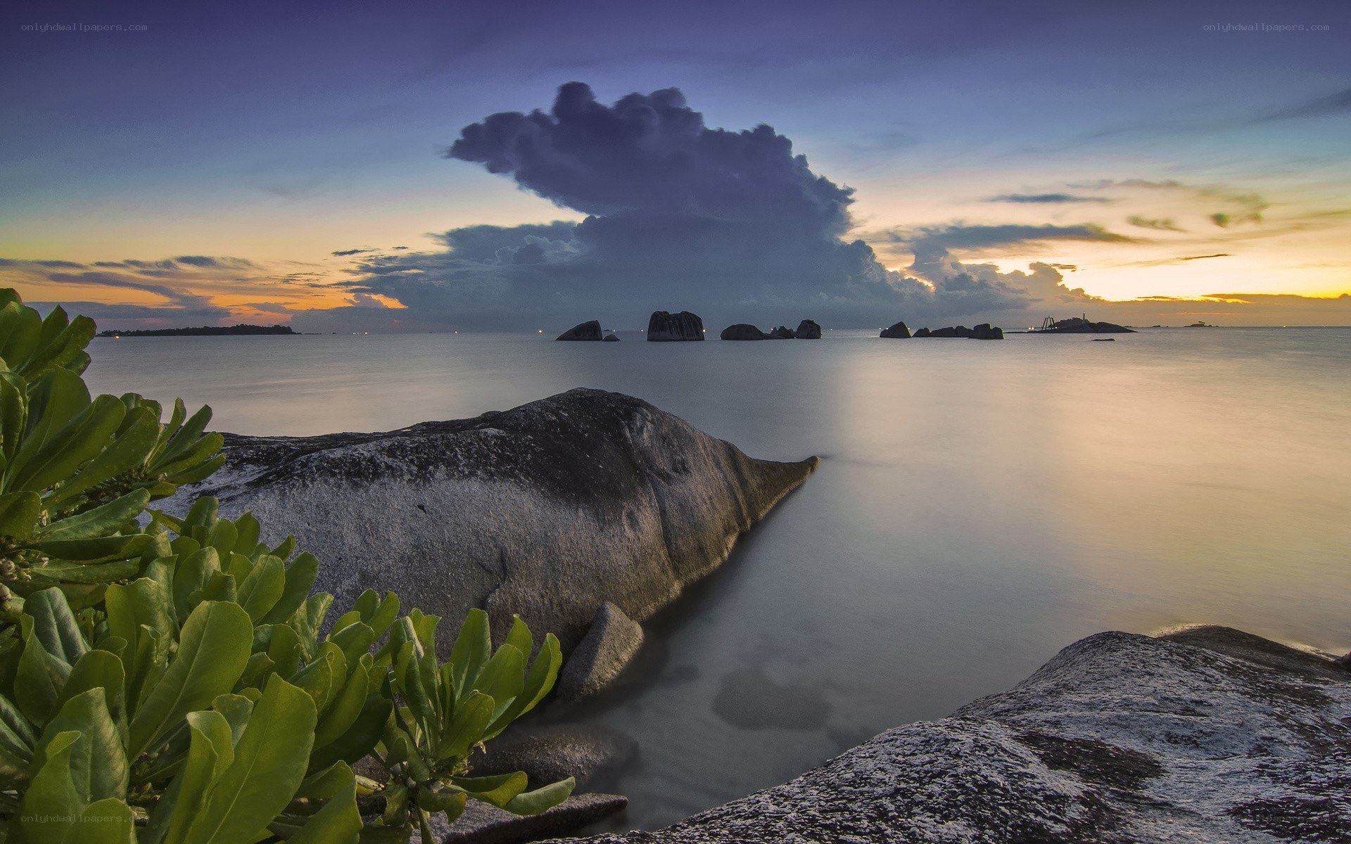 Sunset over rocky coastline