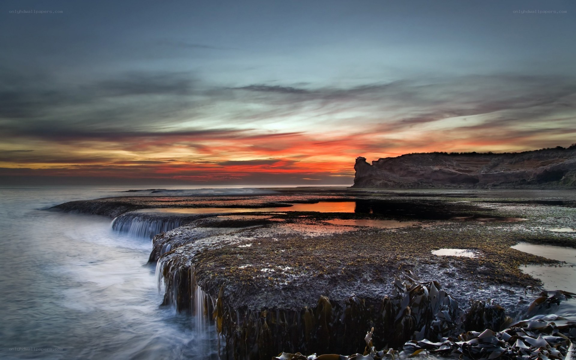 Sunset over rocky coastline