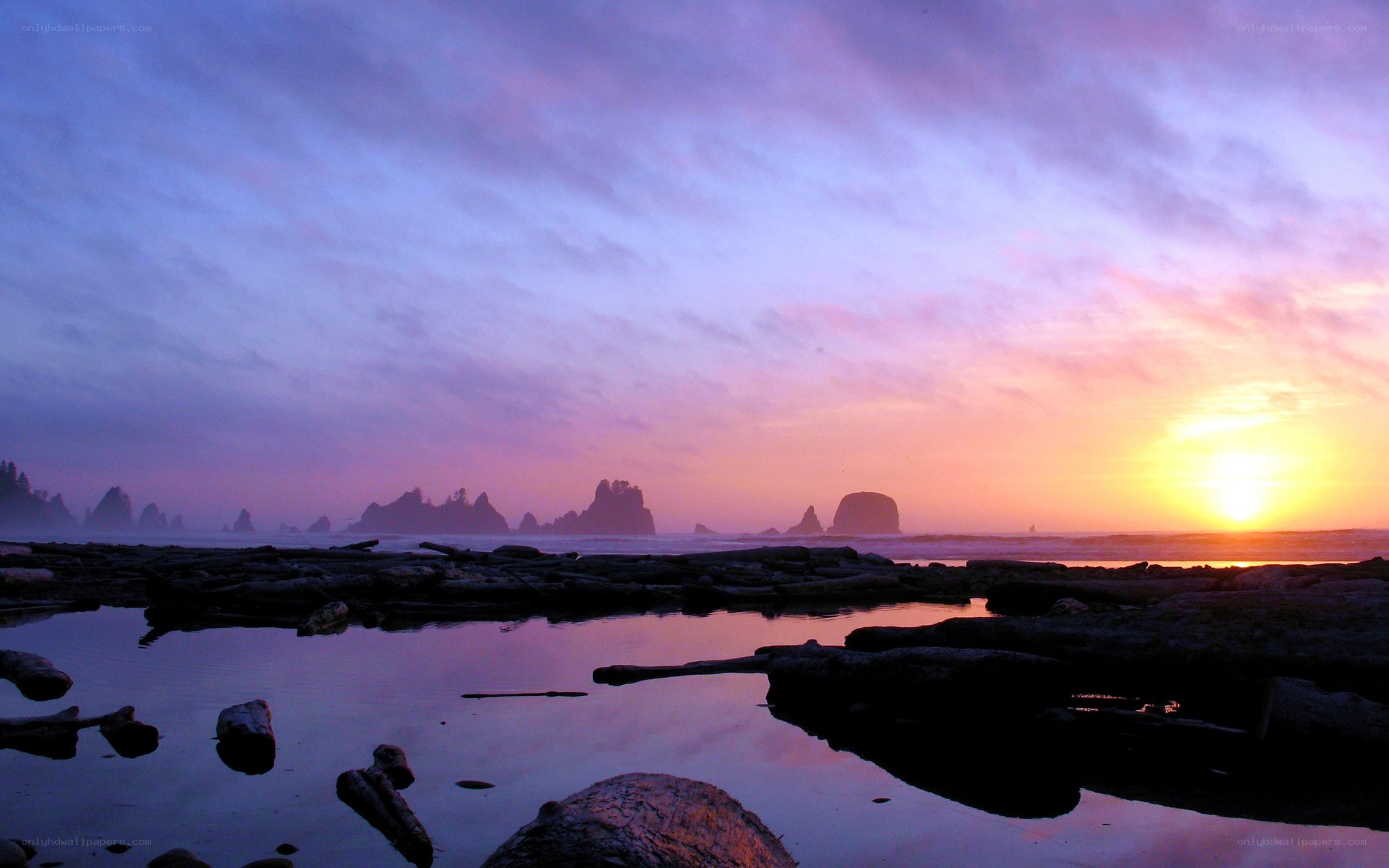 sunset over rocky coastline