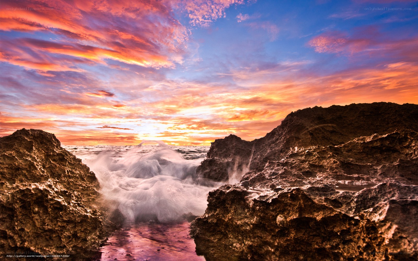 Sunset over rocky coastline