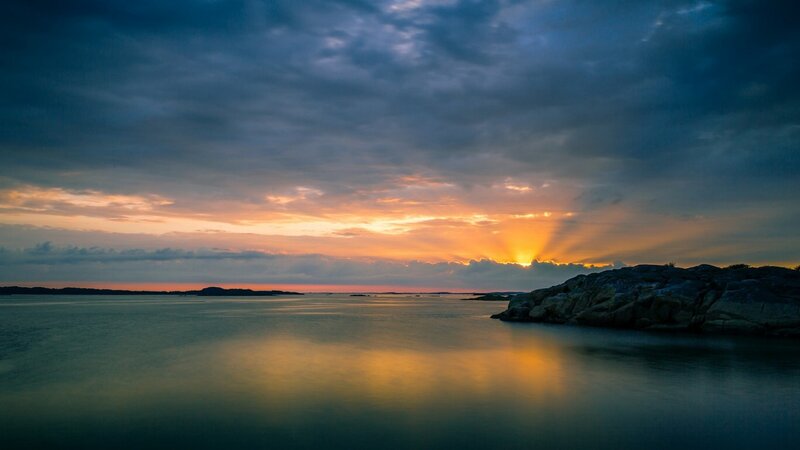 Sunset over Rocky Coastline — Orange, Dramatic, Photograph, Sky
