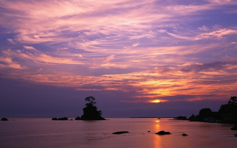 Sunset over Rocky Island — Purple, Serene