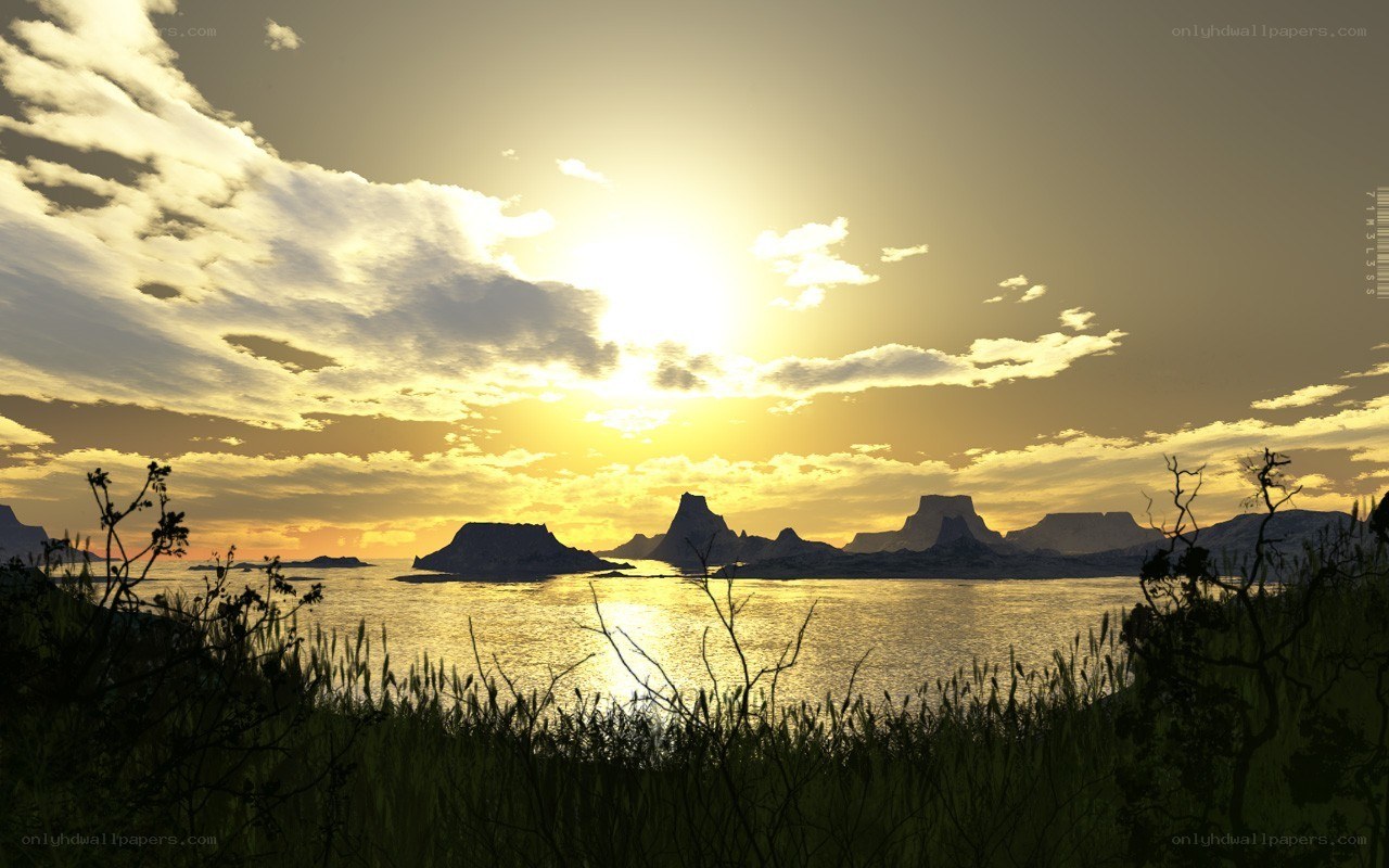 Sunset over rocky islands