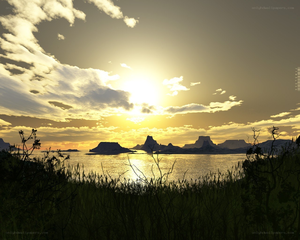 Sunset over rocky islands