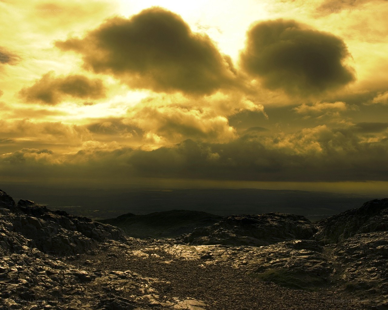 Sunset over rocky landscape