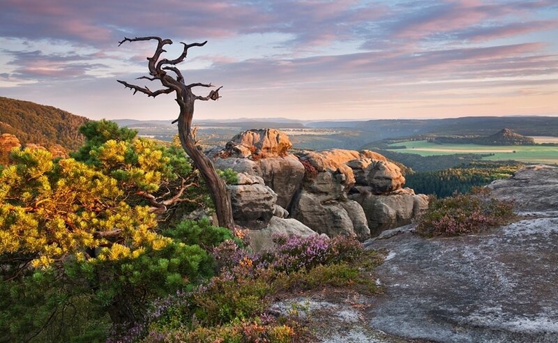 Sunset over rocky landscape