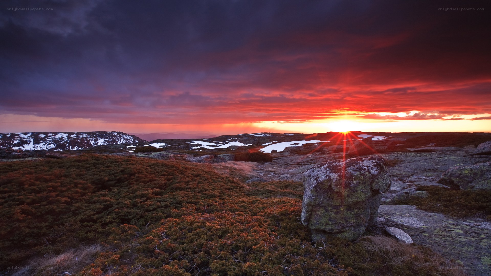 Sunset over rocky landscape