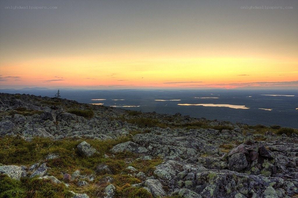 Sunset over rocky landscape