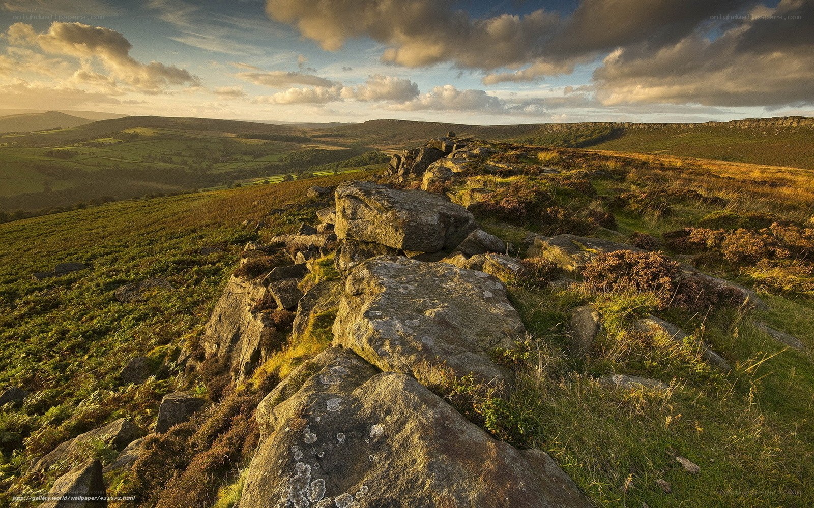 Sunset over rocky moorland