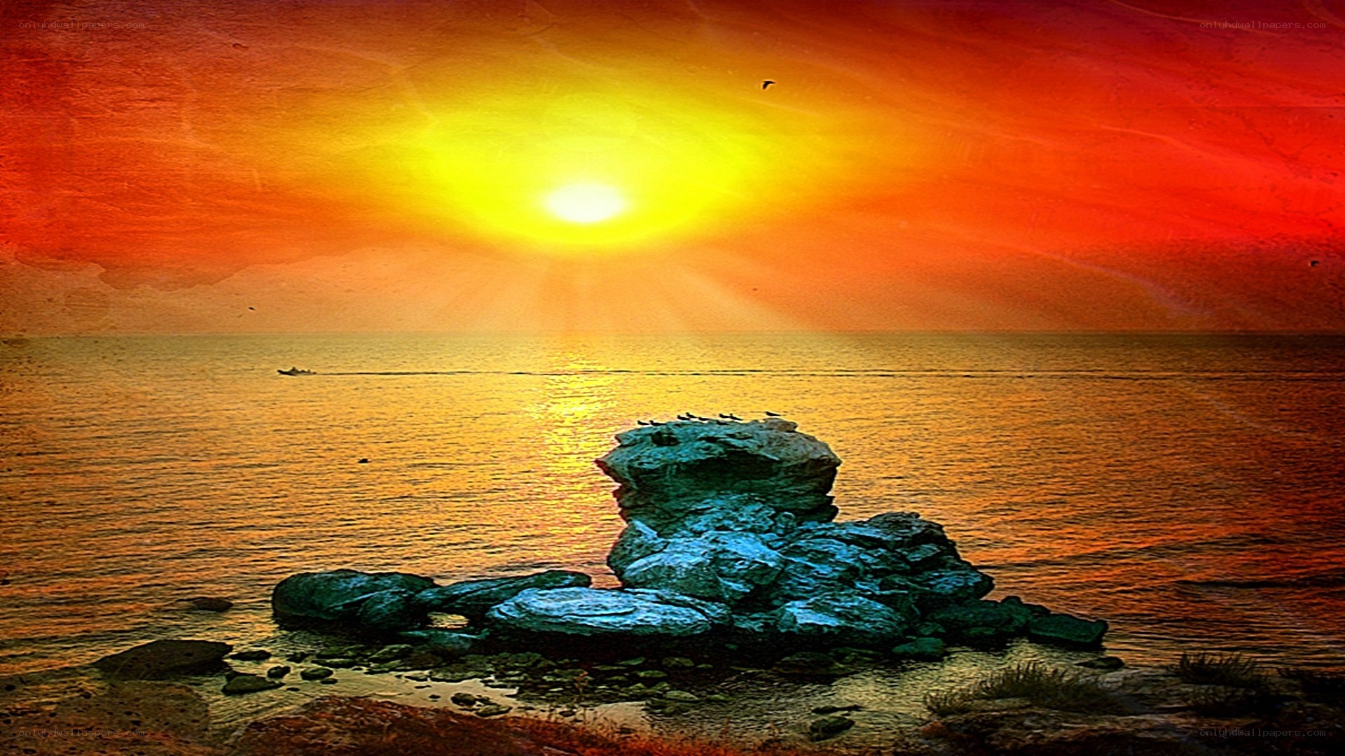 Sunset over rocky shore