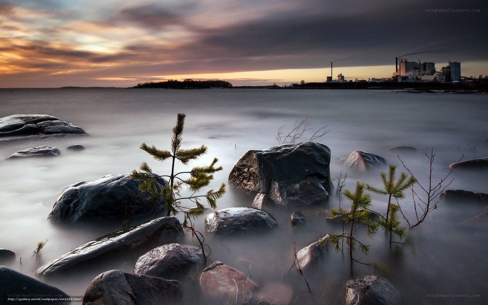 Sunset over rocky shore