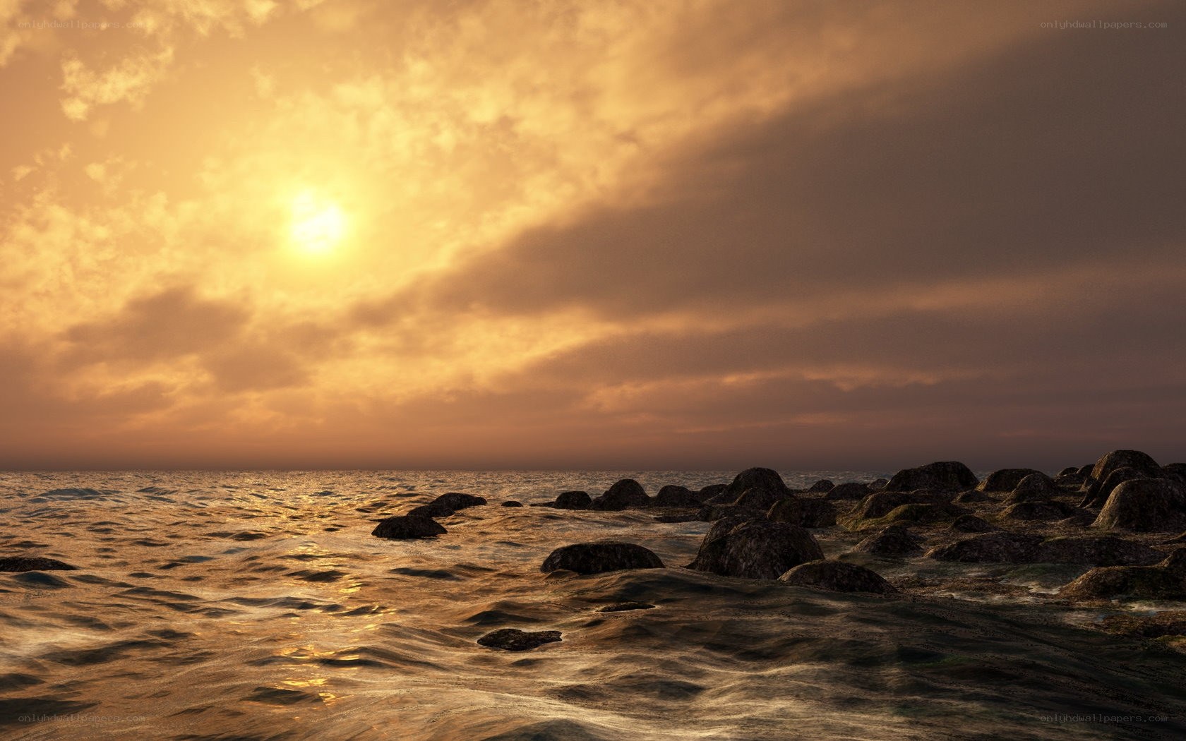 Sunset over rocky shore