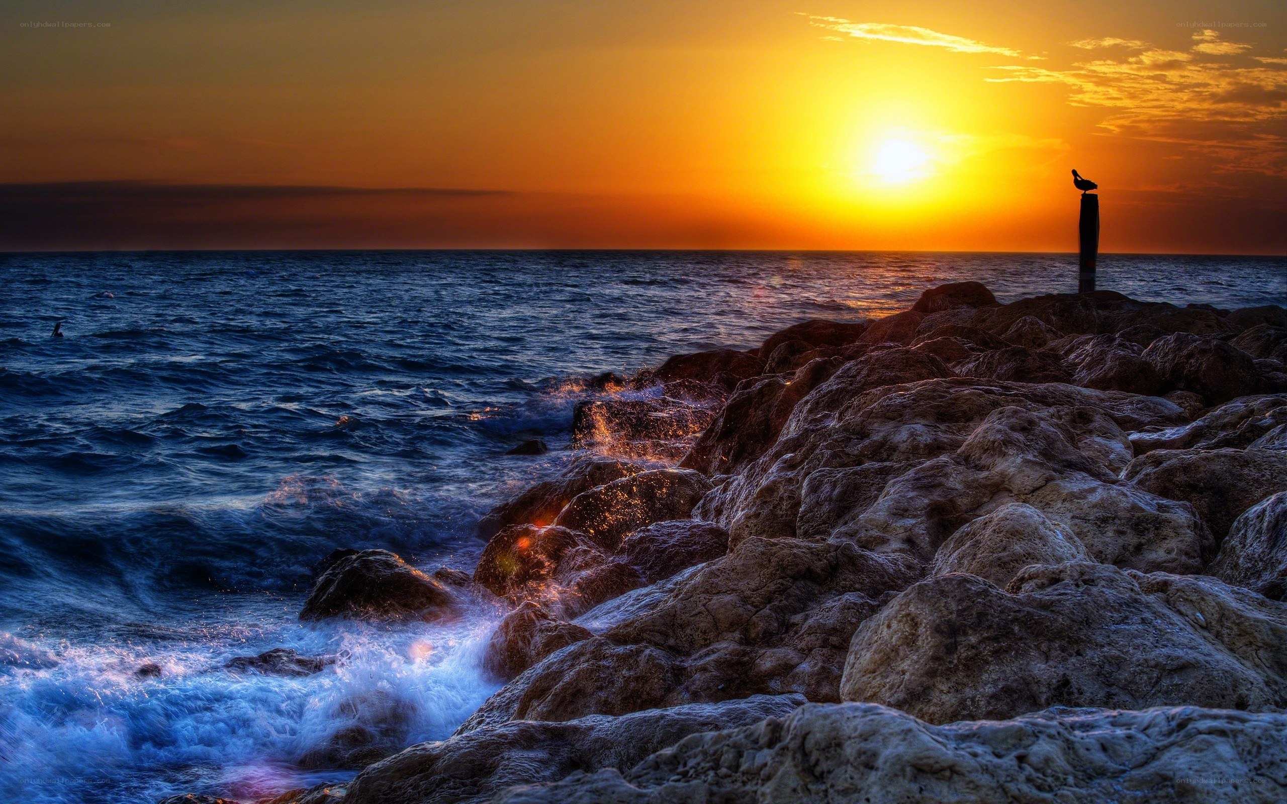 Sunset over rocky shore