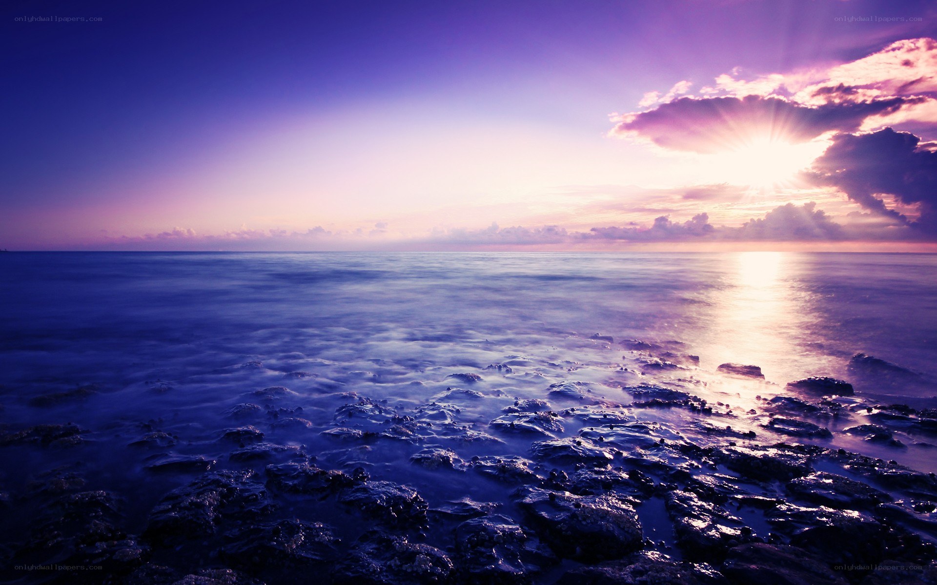 sunset over rocky shore