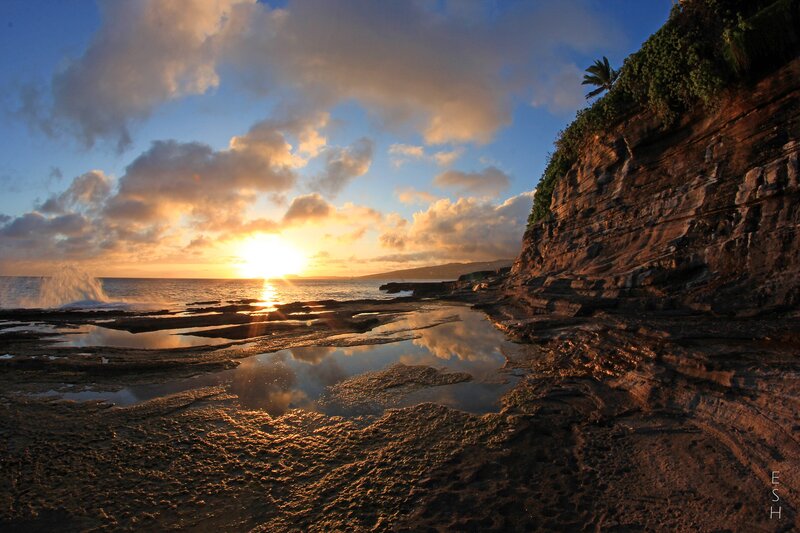 Sunset over Rocky Shore — Blue, Dramatic, Photograph, Ocean, Cliff