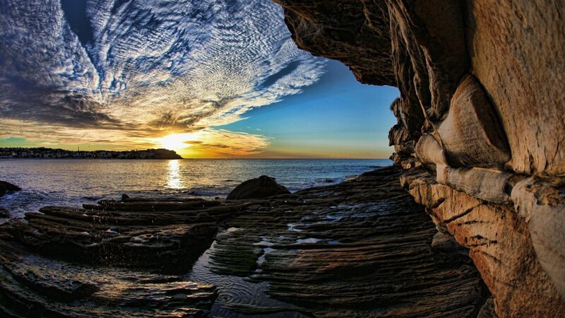 Sunset over Rocky Shore — Blue, Dramatic, Photograph, Ocean