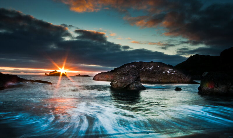 Sunset over Rocky Shore — Blue, Dramatic, Photograph, Rocks, Ocean