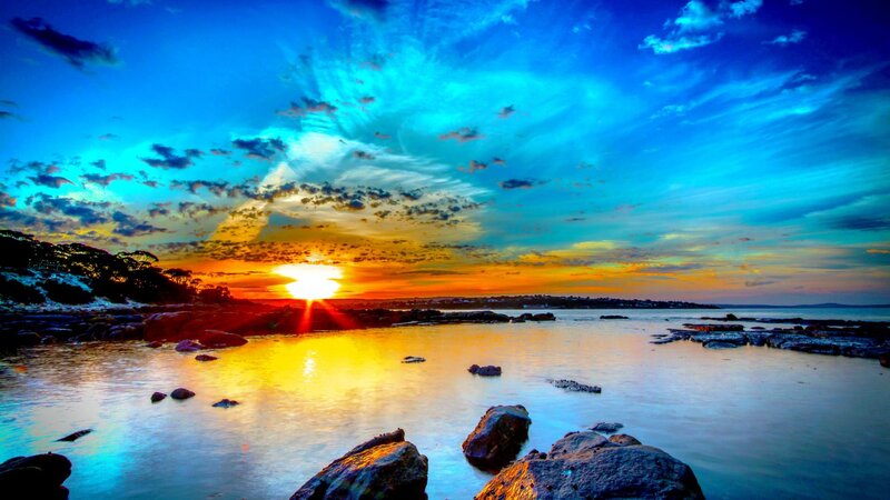 Sunset over Rocky Shore — Blue, Dramatic, Photograph, Rocks, Sky