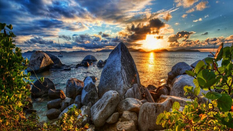 Sunset over Rocky Shore — Blue, Dramatic, Photograph, Rocks