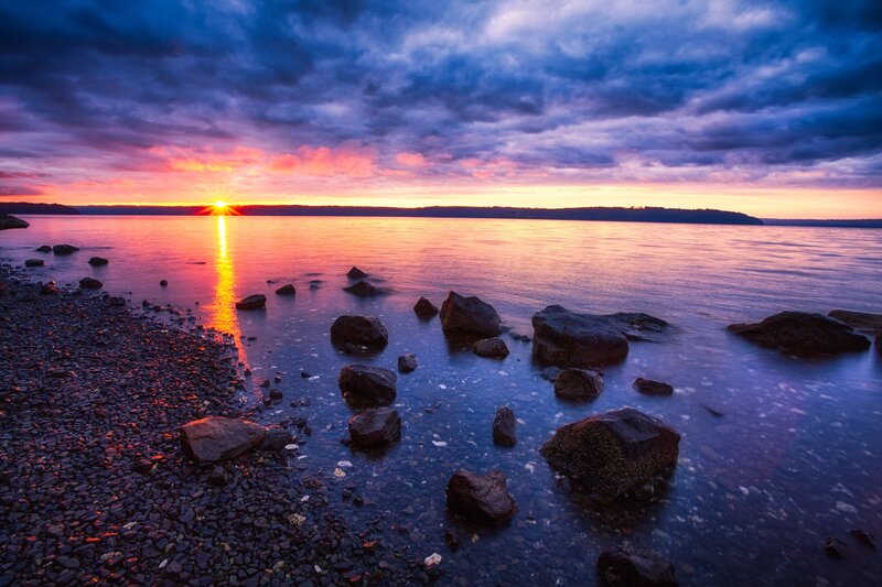 Sunset over Rocky Shore — Blue, Dramatic, Photograph, Rocks, Water, Sky