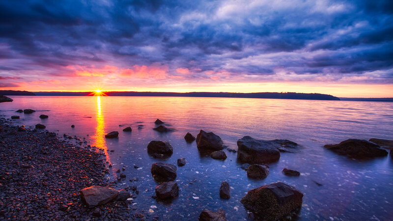Sunset over Rocky Shore — Blue, Dramatic, Photograph, Rocks, Water