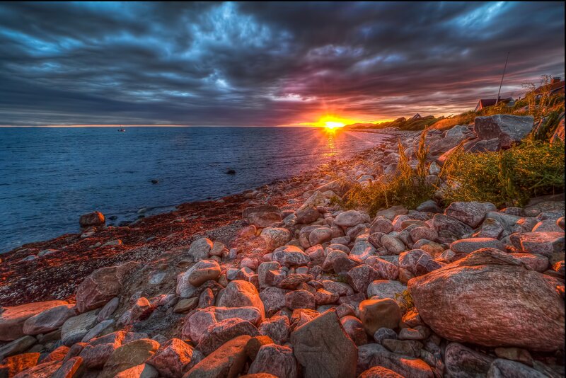 Sunset over Rocky Shore — Blue, Dramatic, Photograph, Sea, Clouds